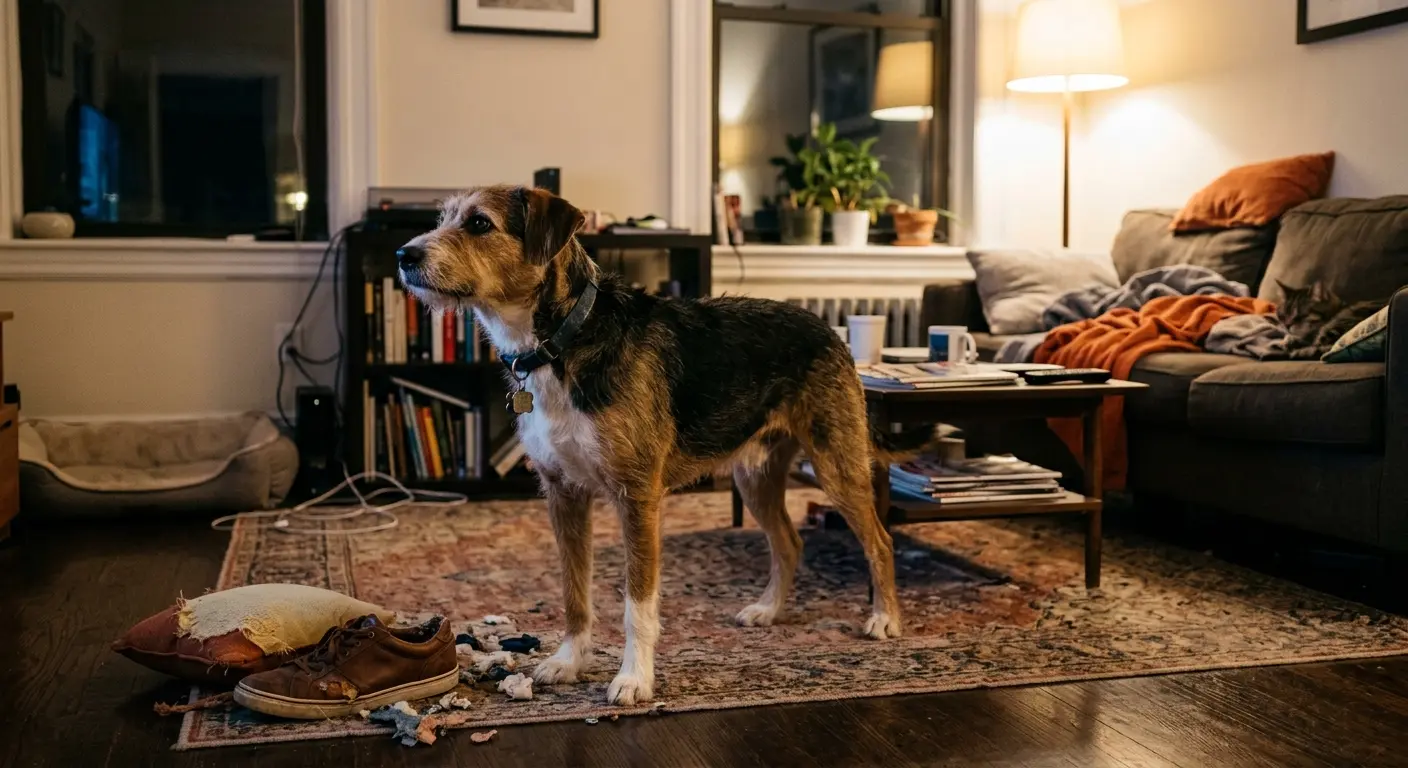 A restless dog standing alert in a living room at night with a chewed shoe nearby
